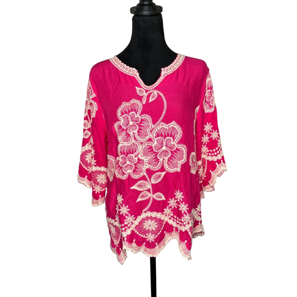 Solitaire Anthropologie Split Neck 3/4 Sleeve Embroidered Boho Blouse Pink Small